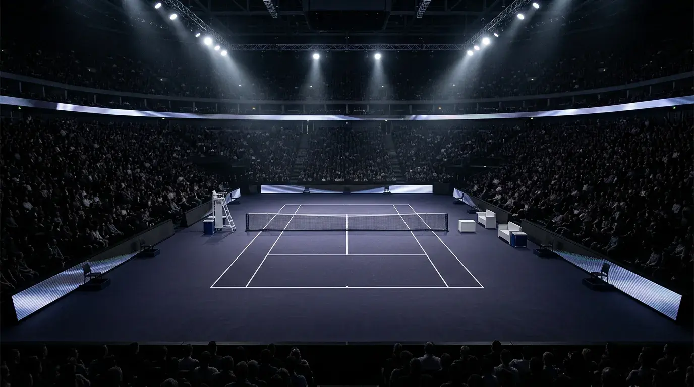 Pista indoor iluminada del ATP Finals con público alrededor