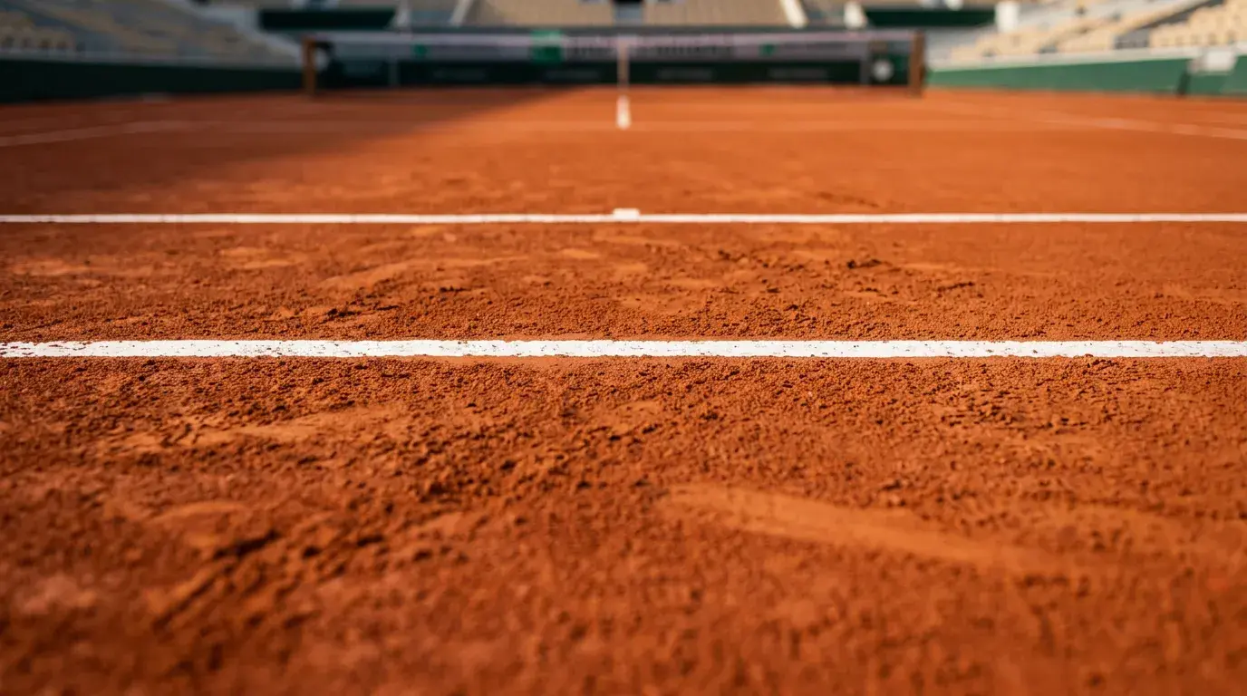 Pista de tierra batida de Roland Garros con líneas blancas sobre polvo de ladrillo rojo