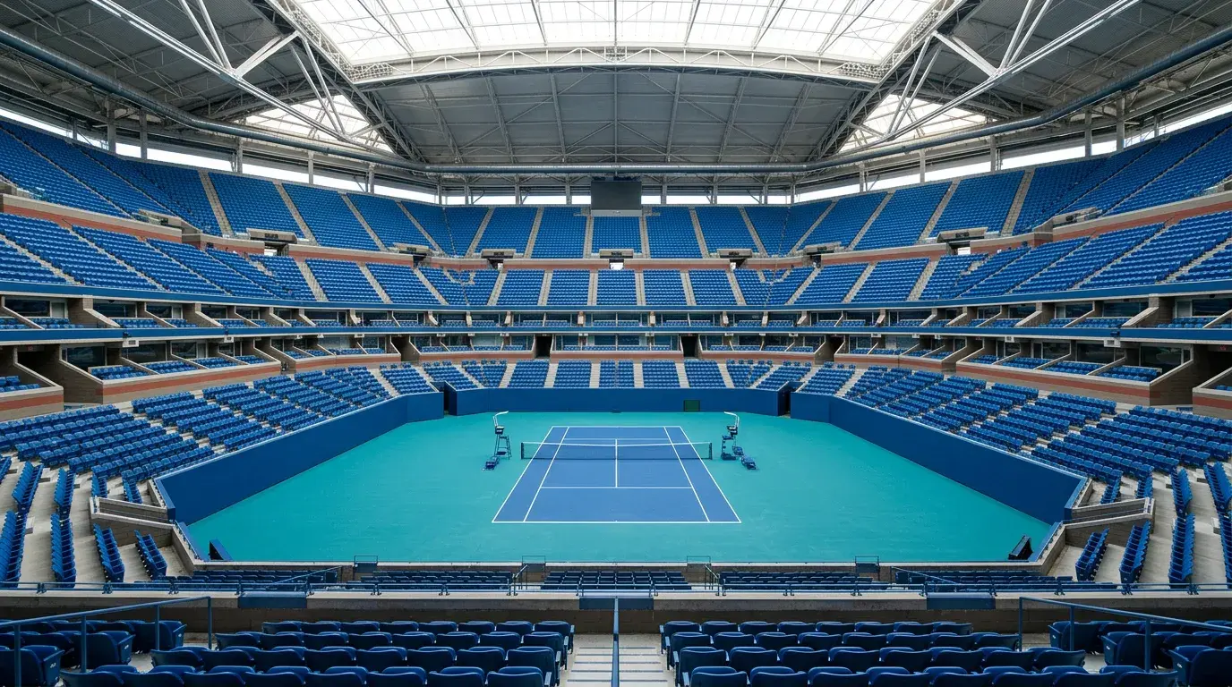 Pista central Arthur Ashe del US Open con gradas azules y pista de color característico