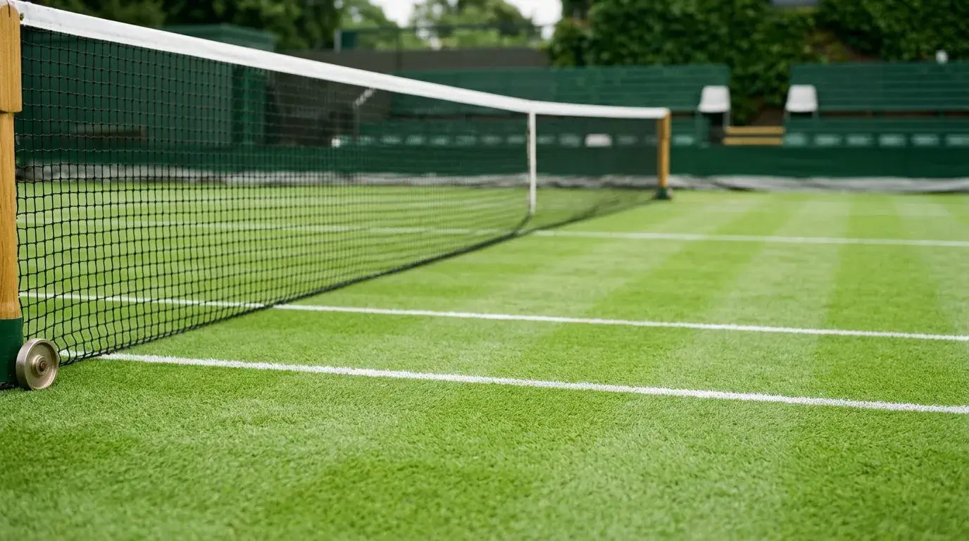 Pista de hierba de Wimbledon con red y líneas blancas sobre césped recién cortado