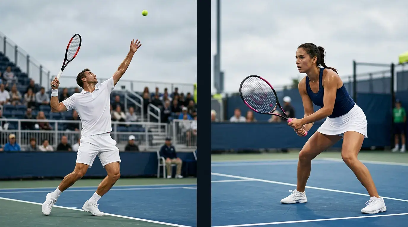 Contraste visual entre un jugador ATP al servicio en pista dura y una jugadora WTA devolviendo desde el fondo