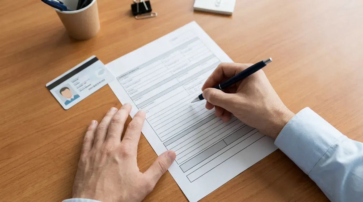Persona rellenando un formulario impreso en una mesa de oficina con bolígrafo y documentación identificativa