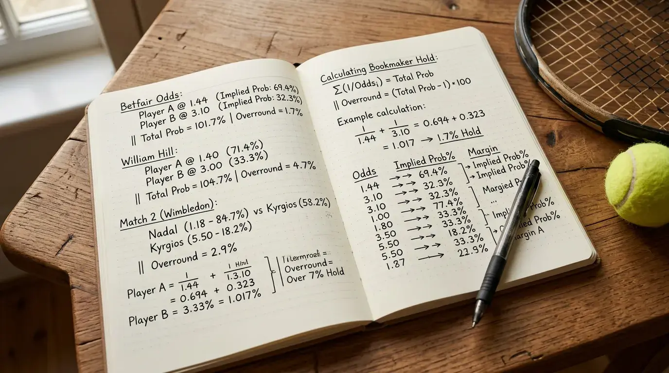 Cuaderno con anotaciones de cuotas decimales y porcentajes junto a una raqueta de tenis