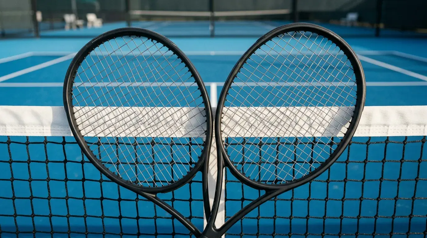 Dos raquetas de tenis profesionales cruzadas sobre la red central de una pista dura