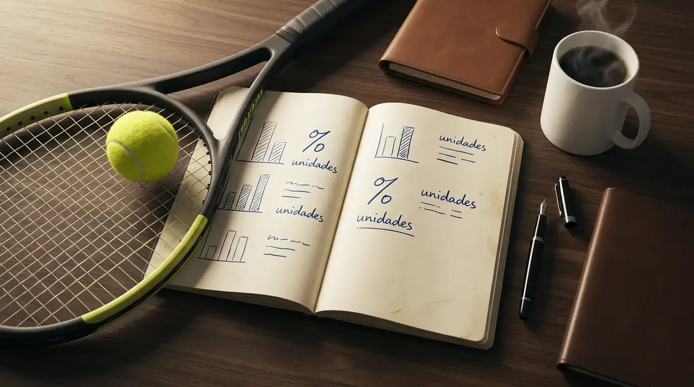 Cuaderno abierto con anotaciones de unidades y porcentajes junto a una raqueta de tenis sobre mesa de madera