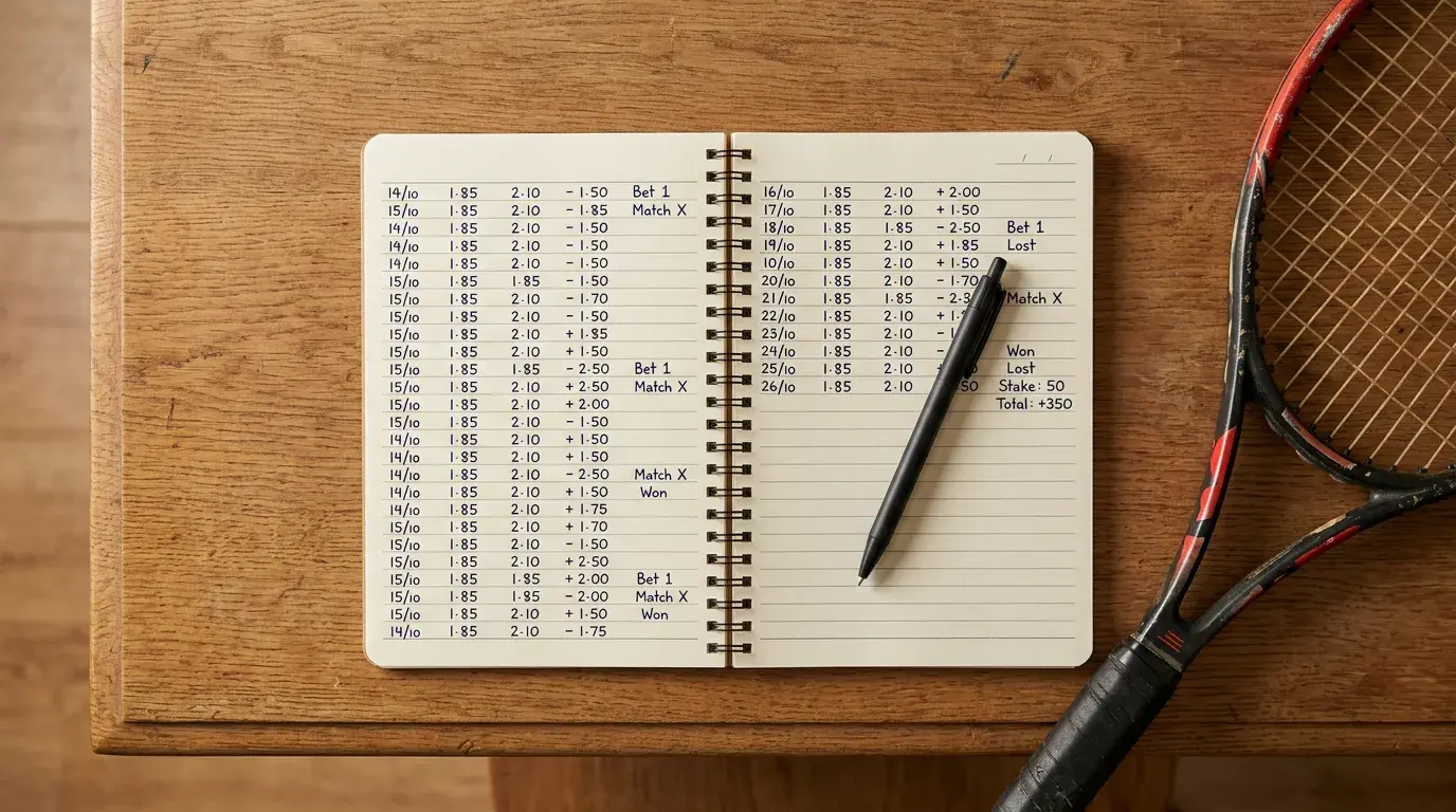 Cuaderno abierto con columnas y anotaciones junto a una raqueta de tenis apoyada en una mesa de madera