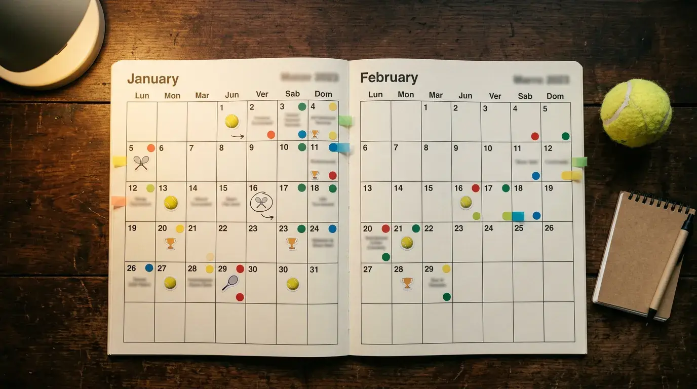 Calendario anual con torneos ATP y WTA marcados por fechas y superficie