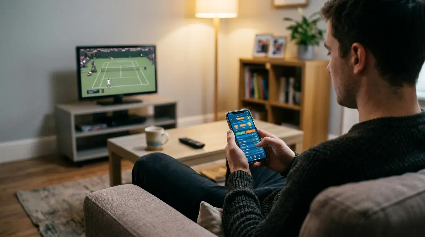 Persona joven usando móvil con aplicación de apuestas durante partido de tenis