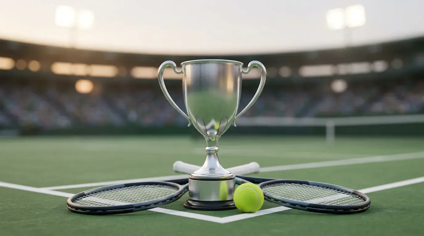 Trofeo de tenis con cheques de premio ceremoniales al fondo
