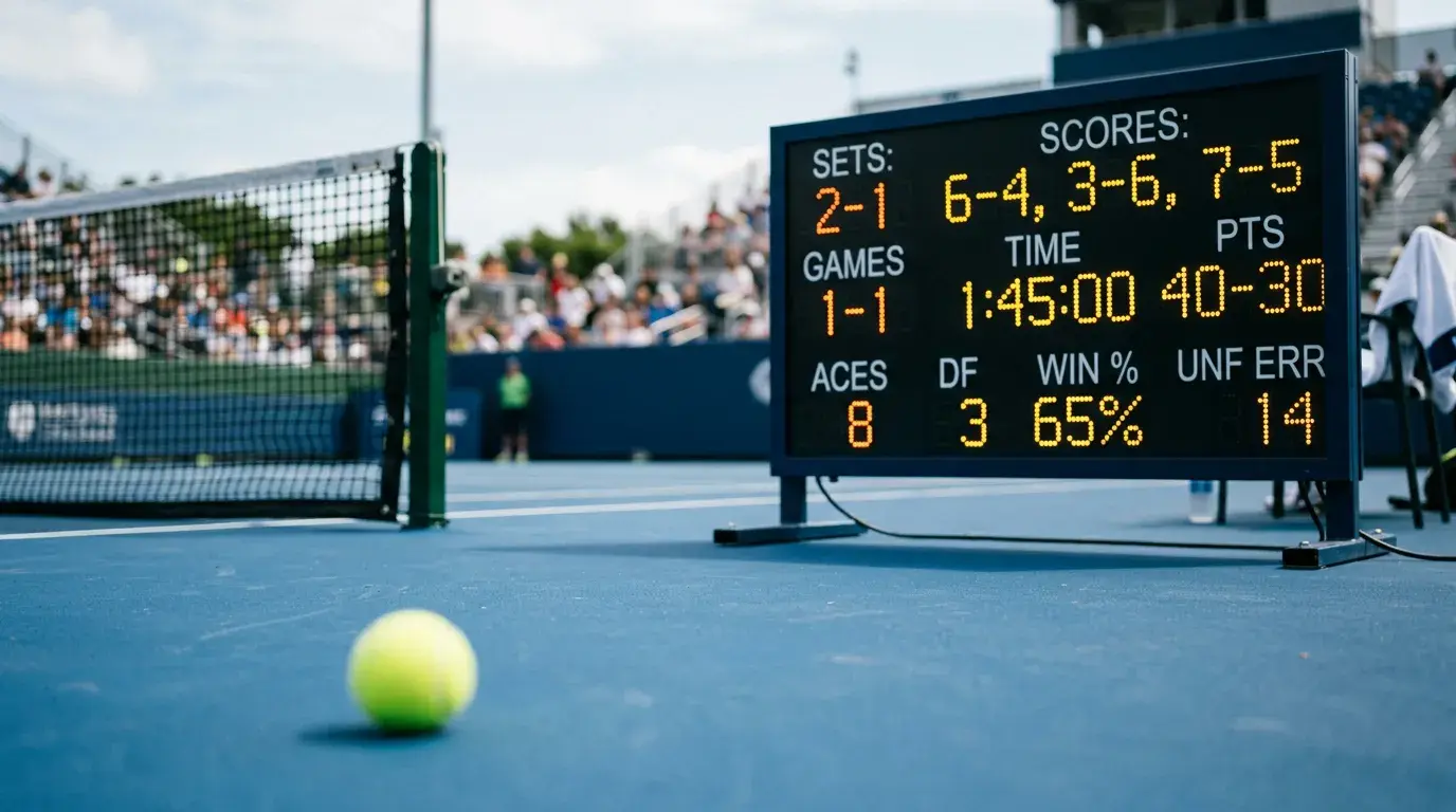 Marcador digital con estadísticas en tiempo real durante partido de tenis