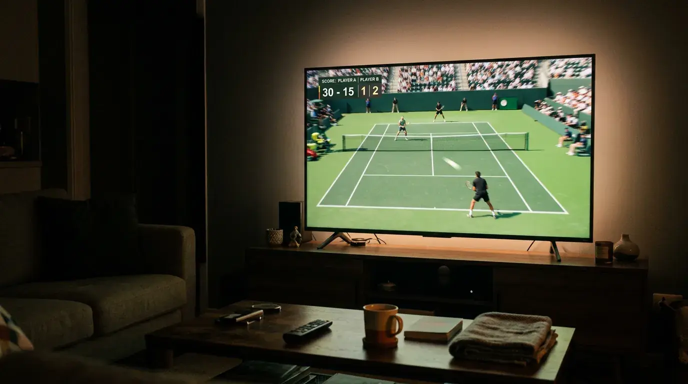Pantalla con partido de tenis en streaming y marcador digital superpuesto