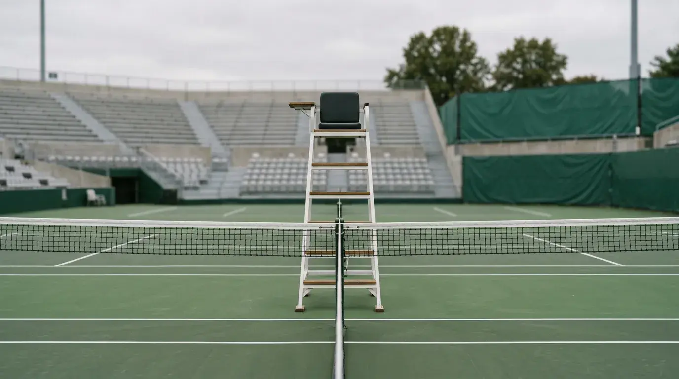 Silla del juez de silla vacía junto a la red en una pista de tenis profesional