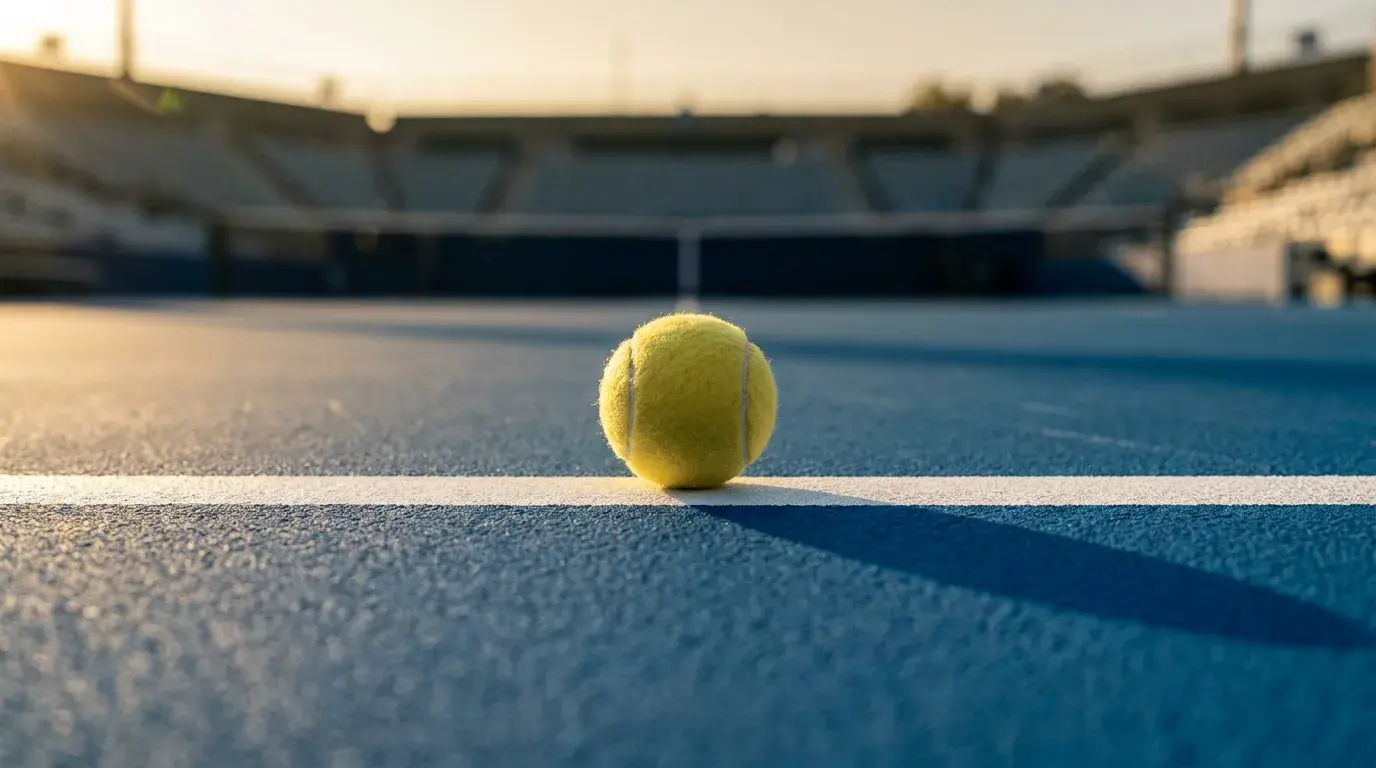 Pelota de tenis sobre la línea de fondo de una pista dura profesional al atardecer