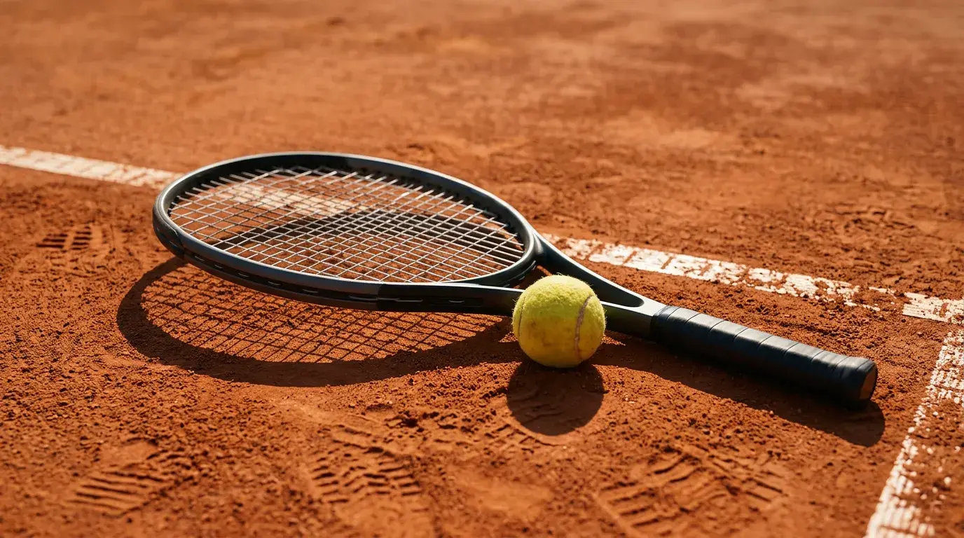 Raqueta de tenis y pelota sobre tierra batida roja con marcas de saque