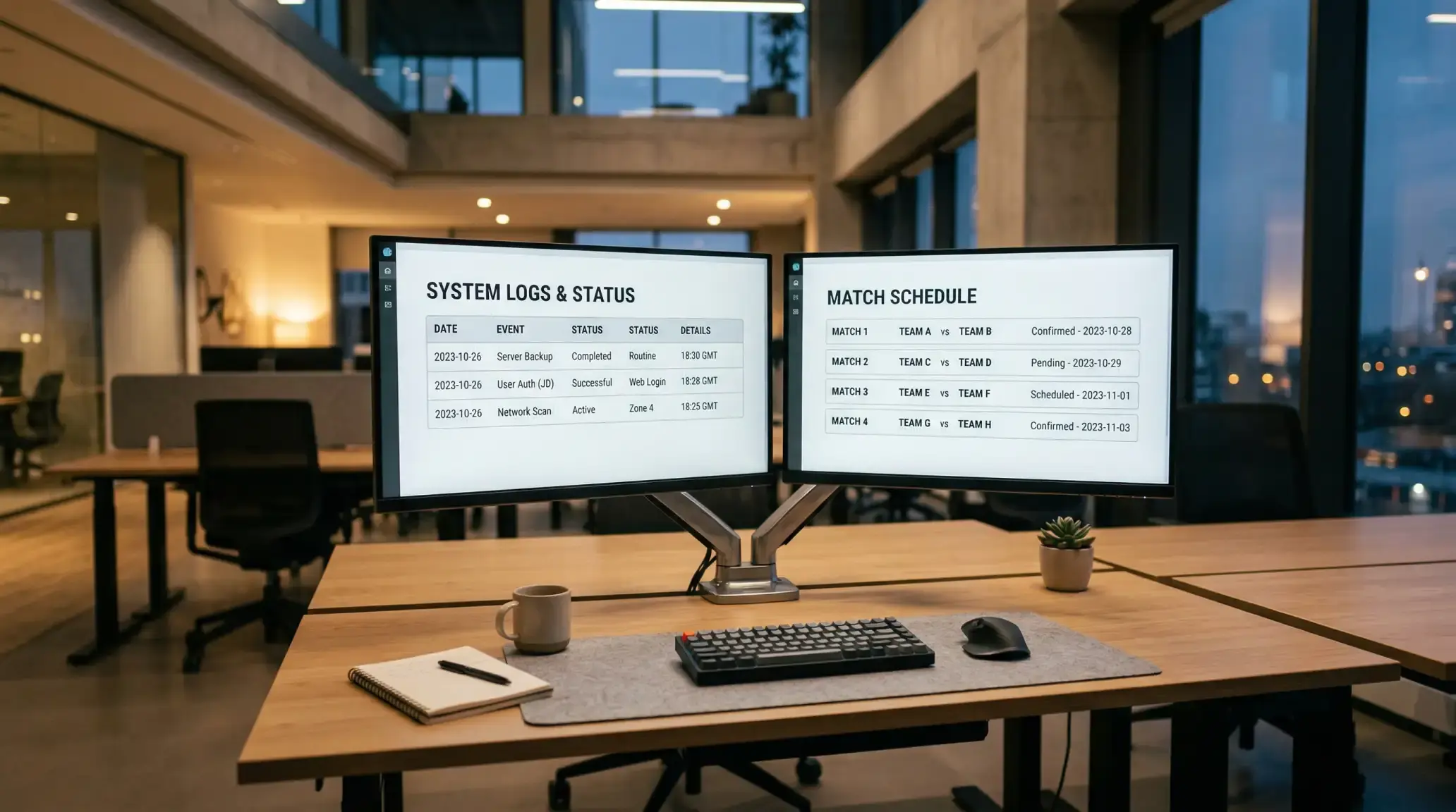 Oficina con monitores mostrando listas de partidos de tenis y tablas de datos de apuestas