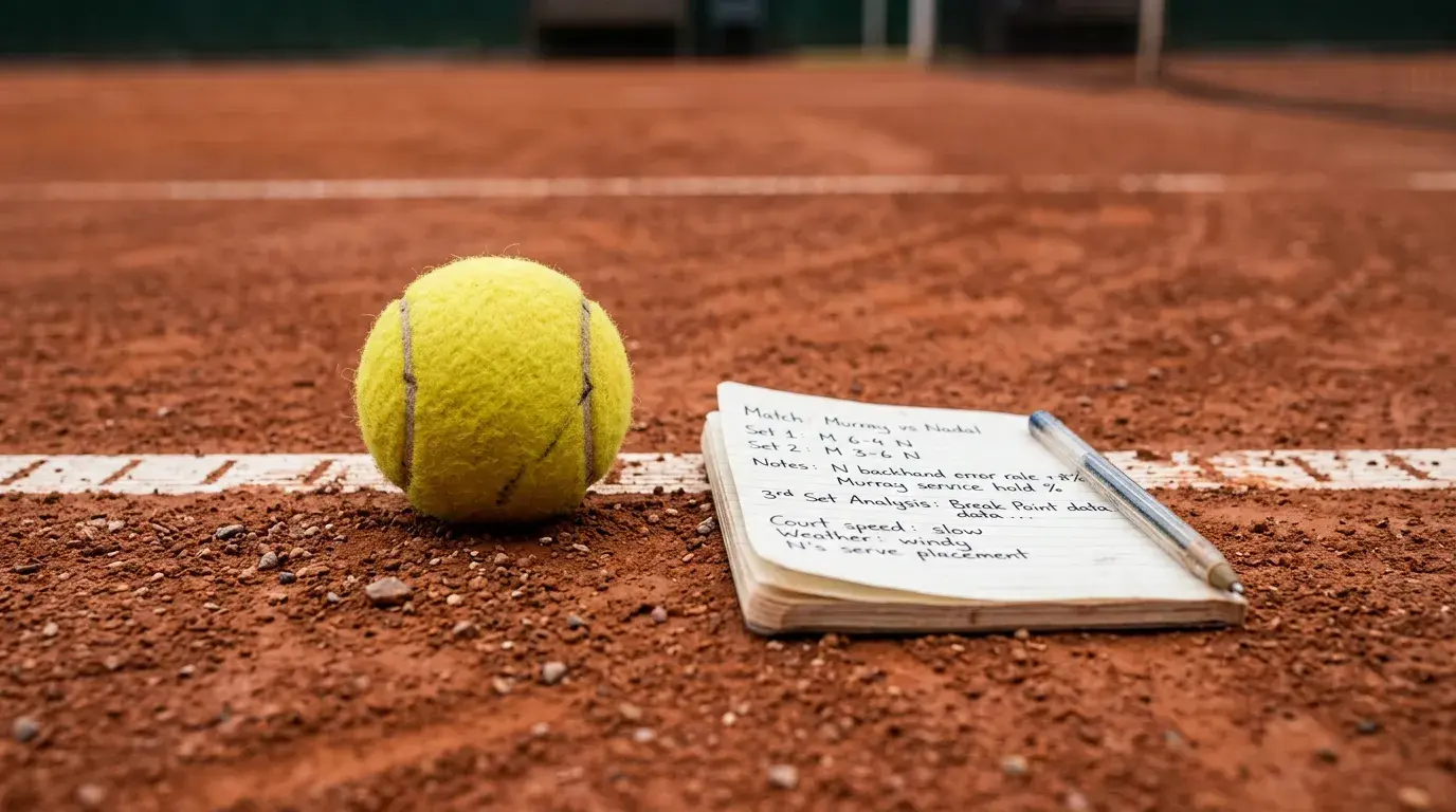 Pelota amarilla de tenis sobre una superficie de pista de tierra batida junto a una libreta con anotaciones